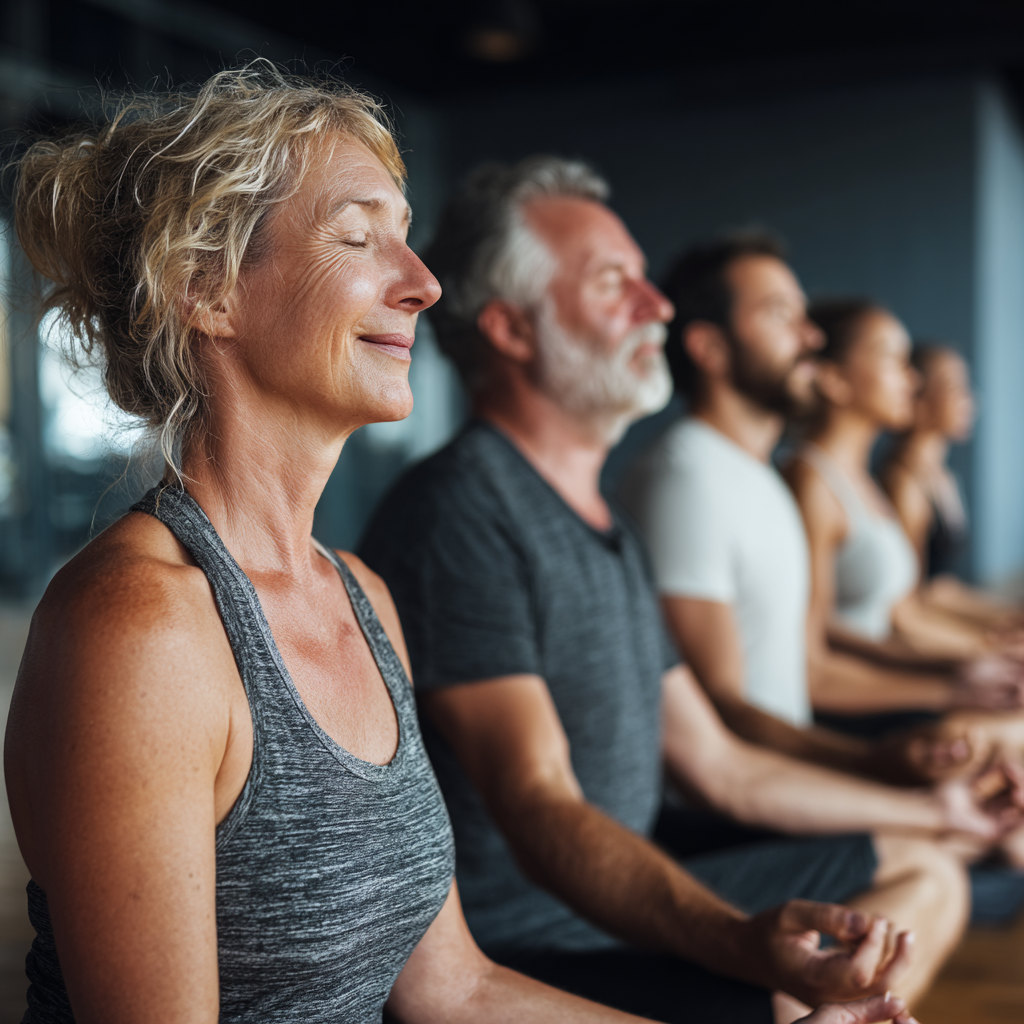 mature adults in comfortable yoga poses during group session