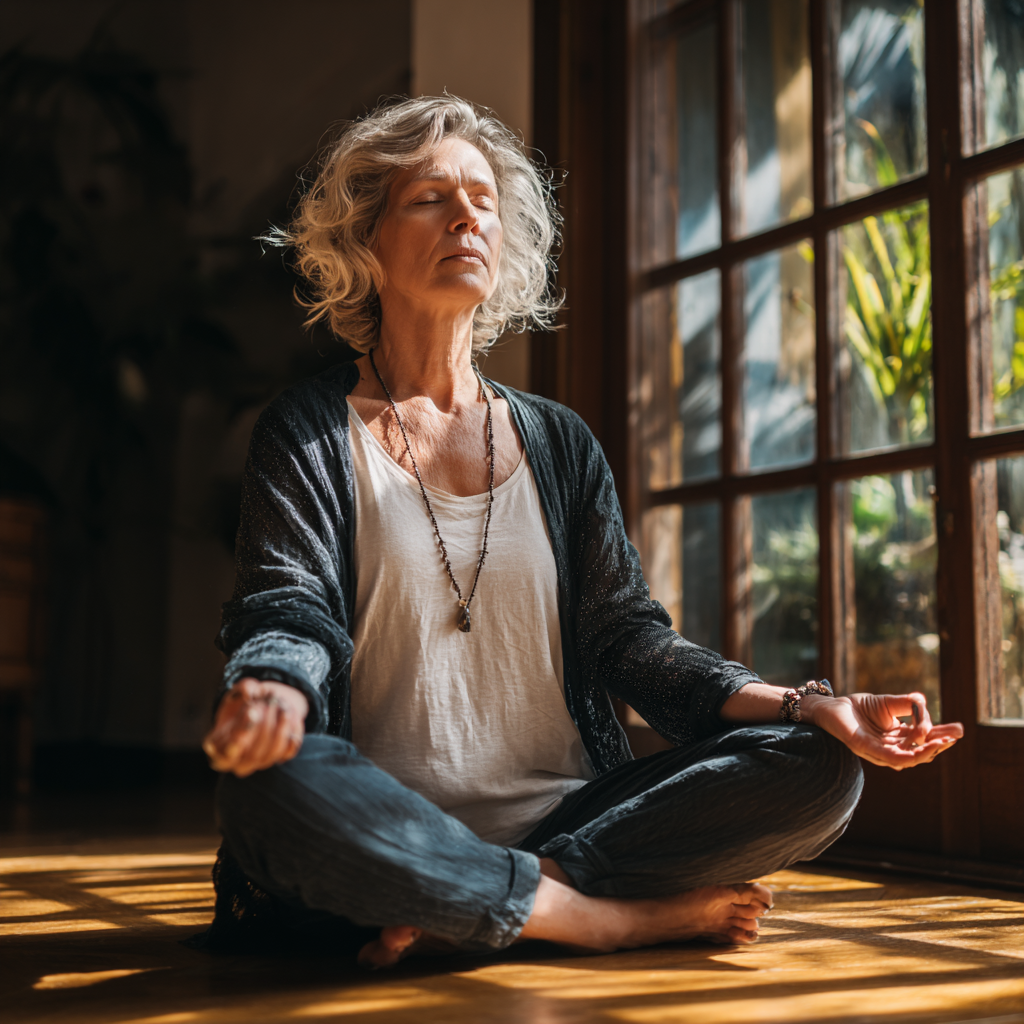 middle-aged woman practicing peaceful meditation in lotus position